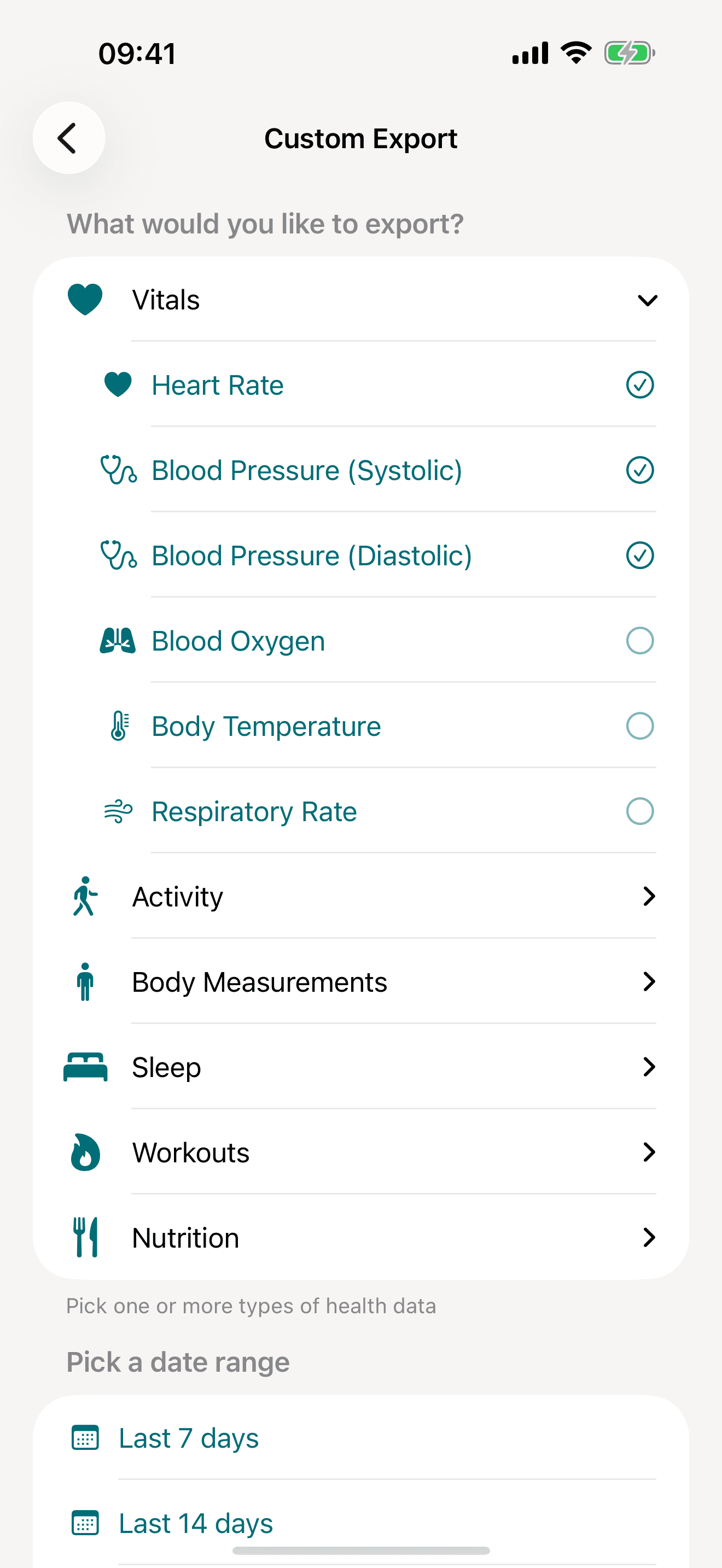 vitalina app - Pick your metrics