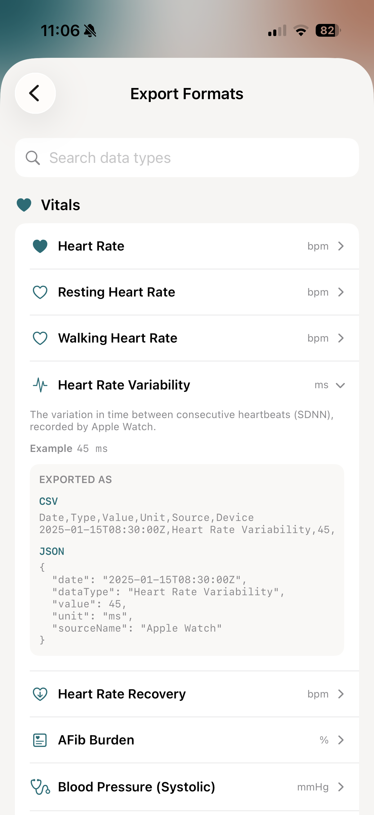 vitalina's in-app Export Formats screen showing a searchable list of Apple Health data types, each with its unit, a plain-language description, an example value, and the CSV and JSON it exports as
