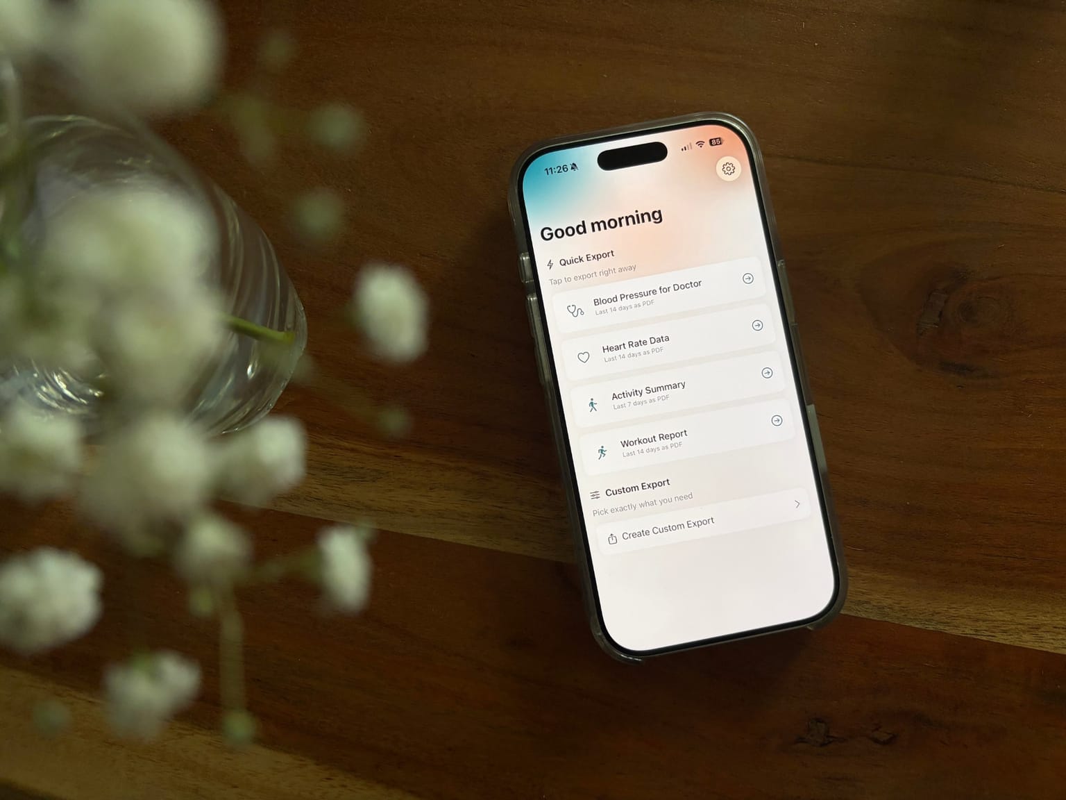 The vitalina app open on an iPhone, showing Quick Export templates for blood pressure, heart rate, activity, and workouts