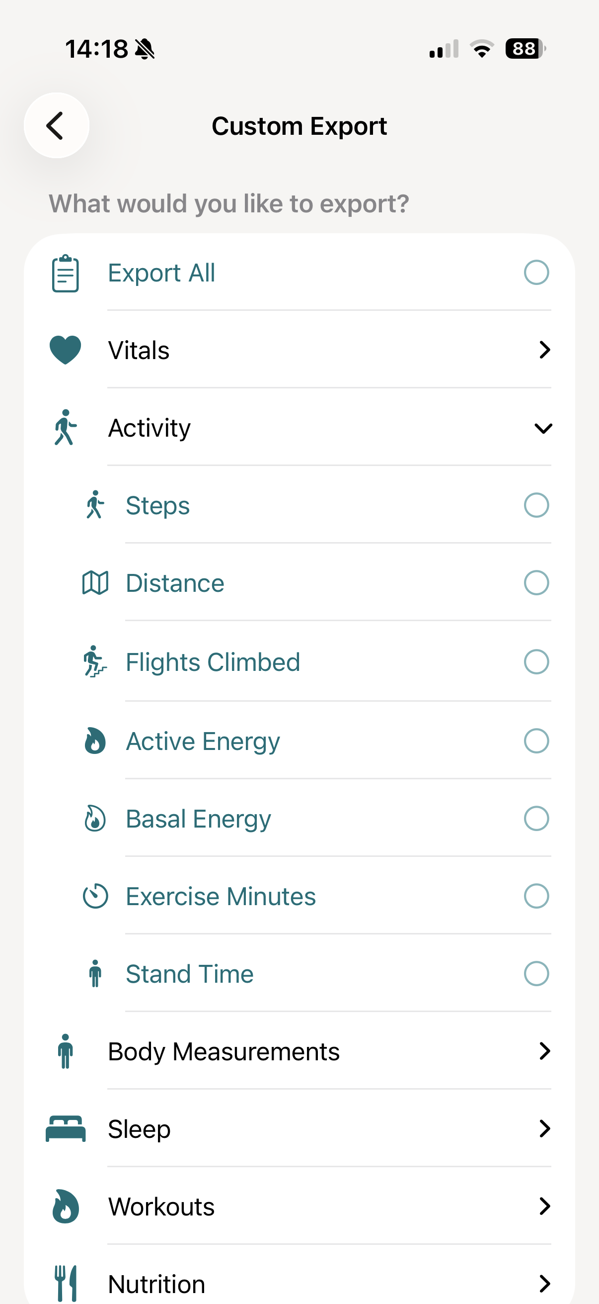 vitalina custom export screen showing Steps, Distance, and Active Energy selected under Activity