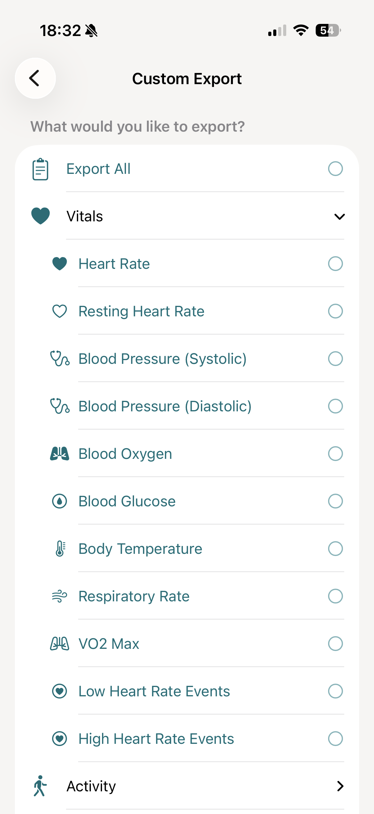 vitalina custom export screen showing Blood Glucose selected