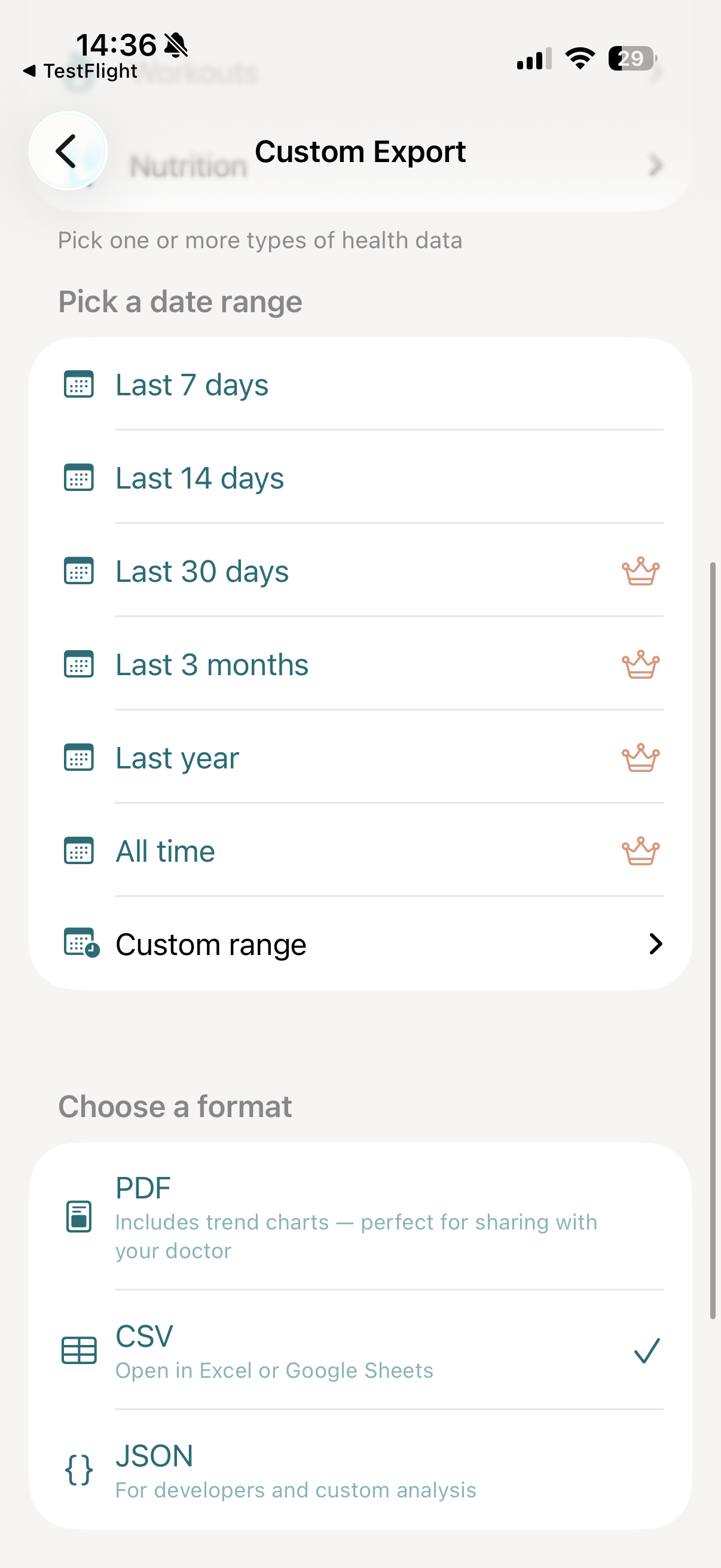 vitalina date range picker showing preset options and custom date range