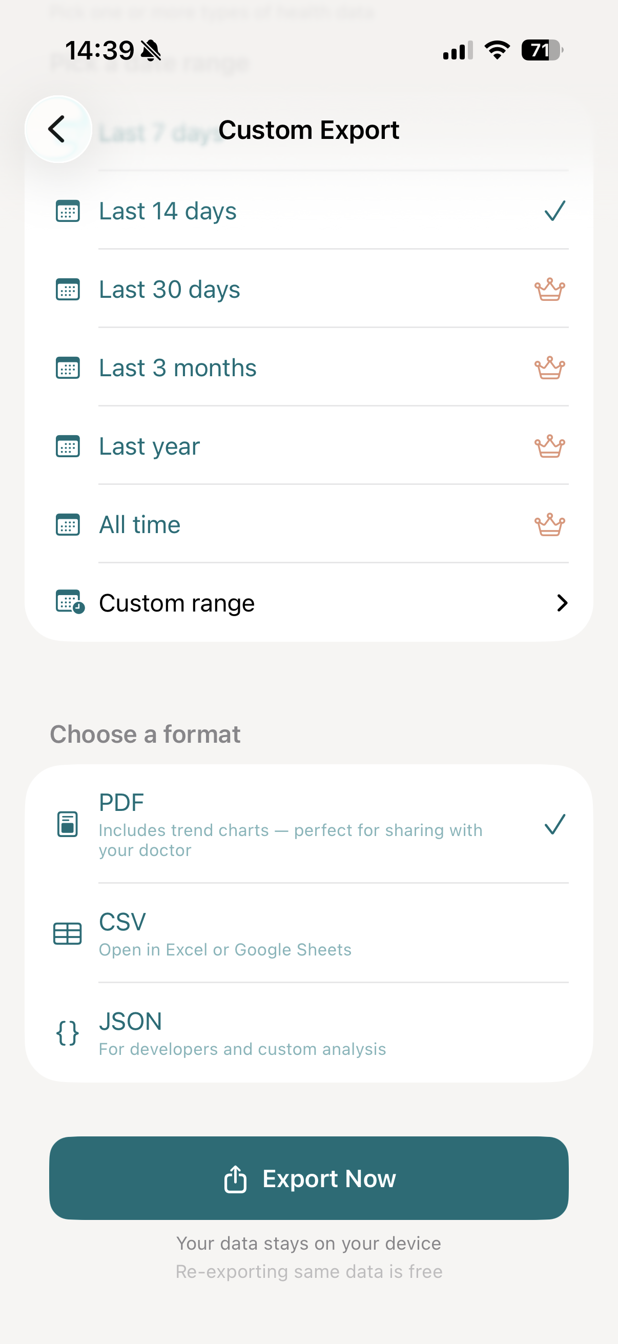 vitalina Export Now button ready to generate the health data report