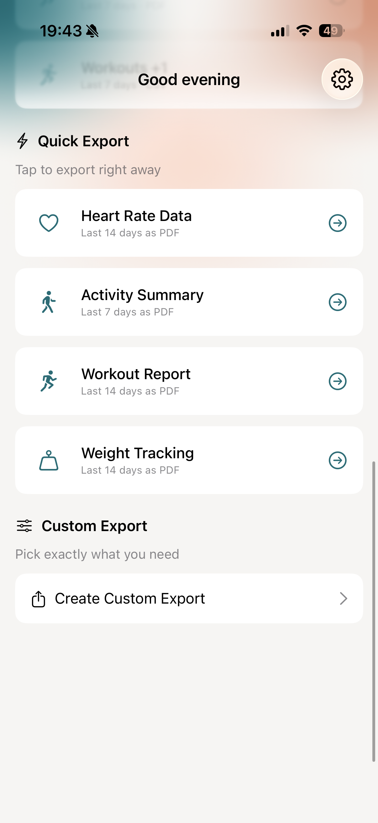 vitalina main screen showing recent exports, quick export templates, and custom export button