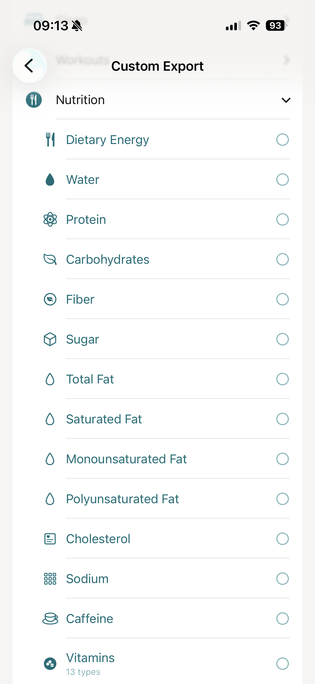 vitalina custom export screen with the Nutrition section expanded - Dietary Energy (calories), Water, Protein, Carbohydrates, Fiber, Sugar, all four fat types, Cholesterol, Sodium, Caffeine, plus the Vitamins (13 types) and Minerals bundles at the bottom