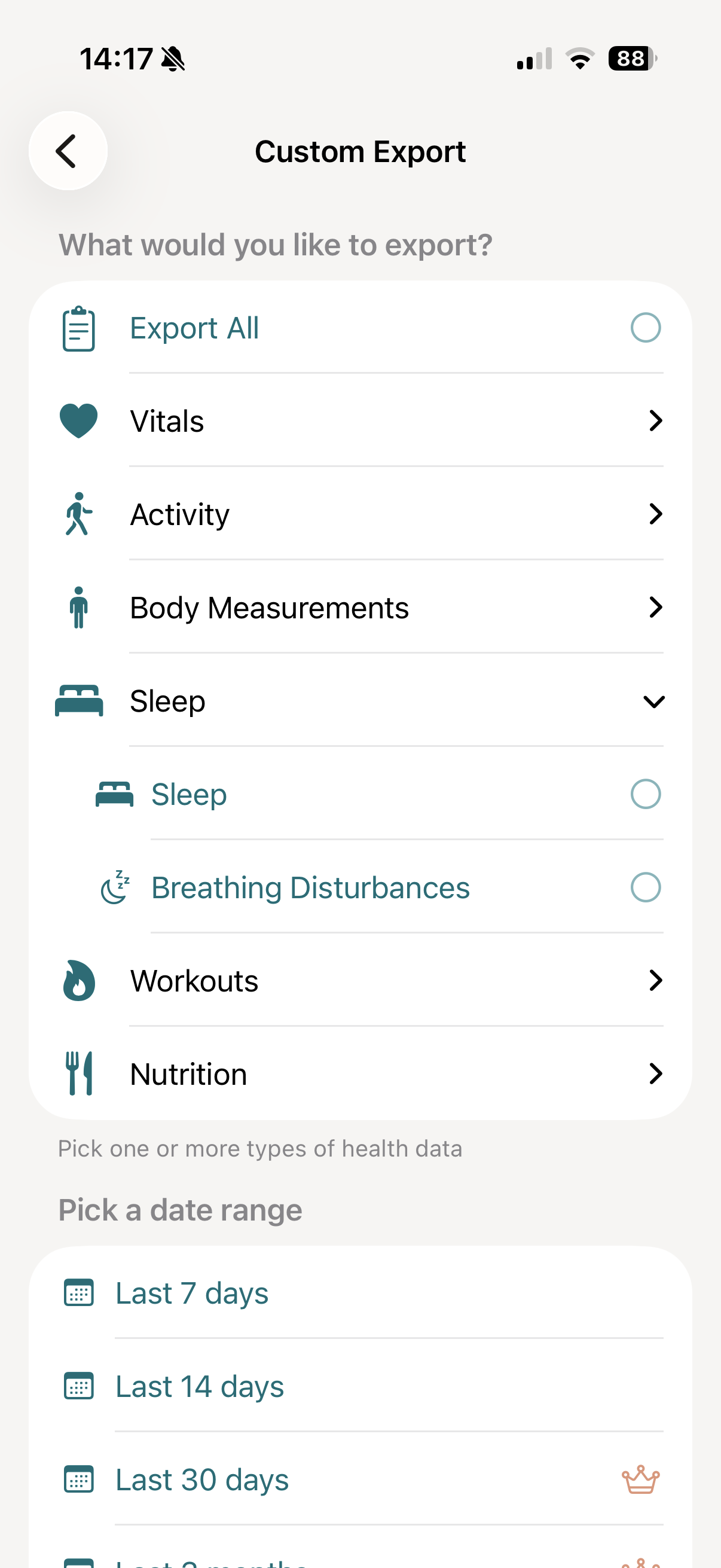 vitalina custom export screen showing Sleep Analysis selected