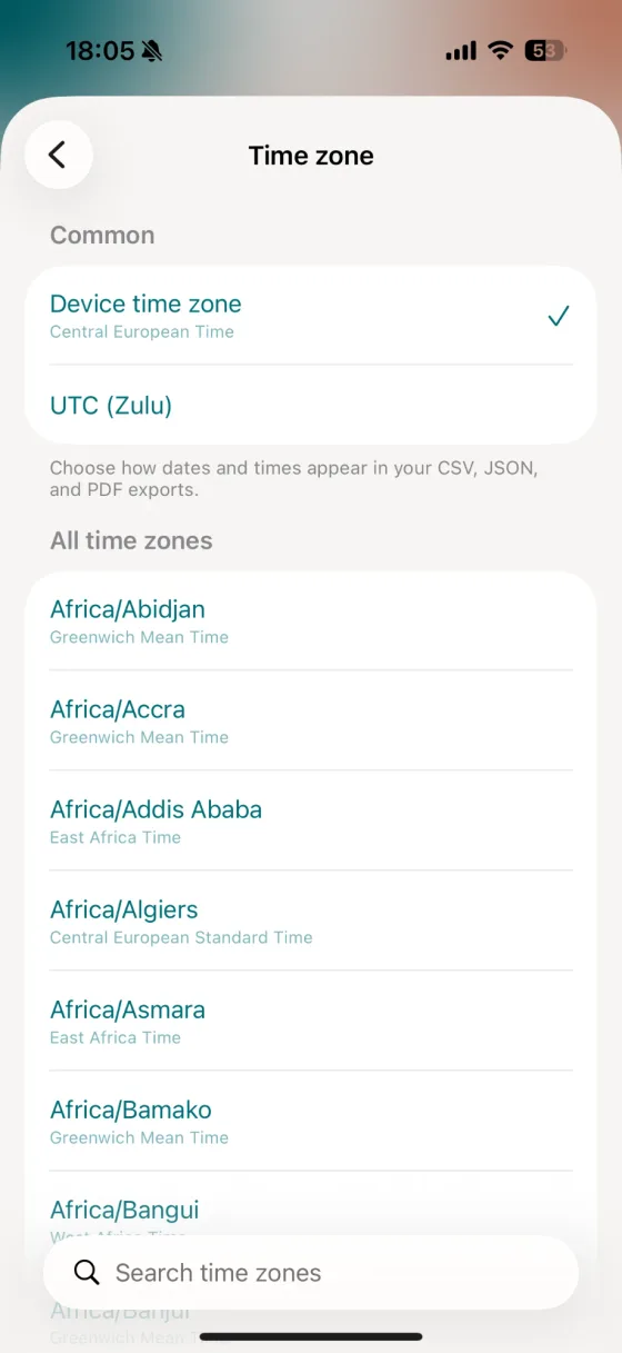 vitalina Time zone setting with Device time zone (Central European Time) selected and a UTC (Zulu) option, applying to CSV, JSON, and PDF exports